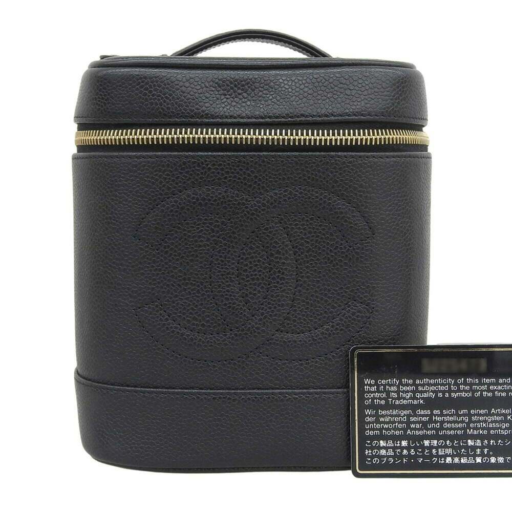 CHANEL Black Caviar Leather Logo Vanity Bag